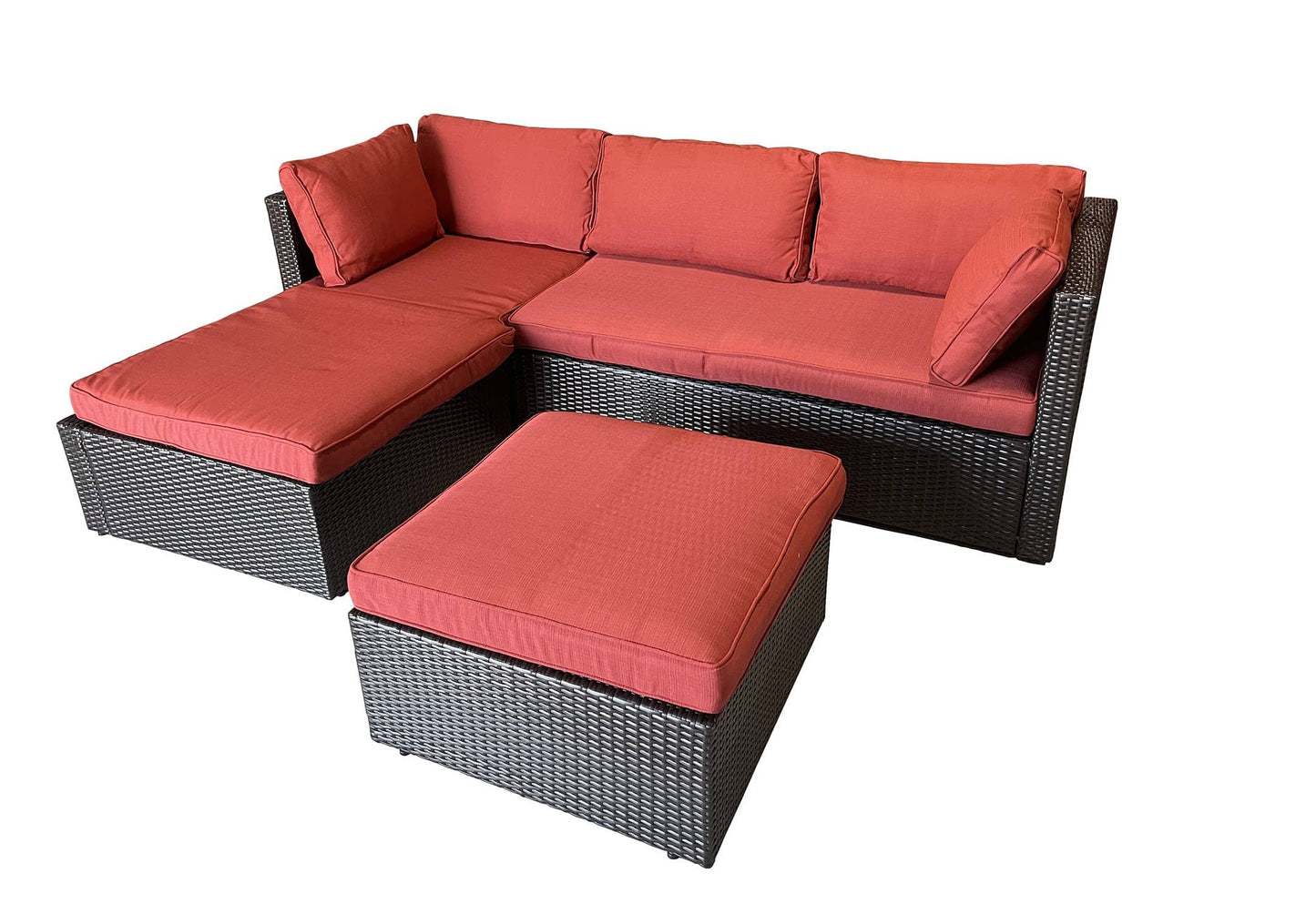 Context Amity 3 Piece All Weather Wicker L-Shape Sectional with Chaise with Cushions and Ottoman - Red
