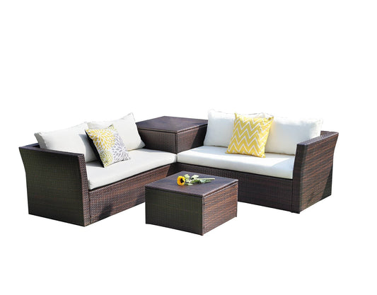 Context Cascade 4 Piece All Weather Wicker Sofa Seating Group with Cushions, Storage and Coffee Table with Storage