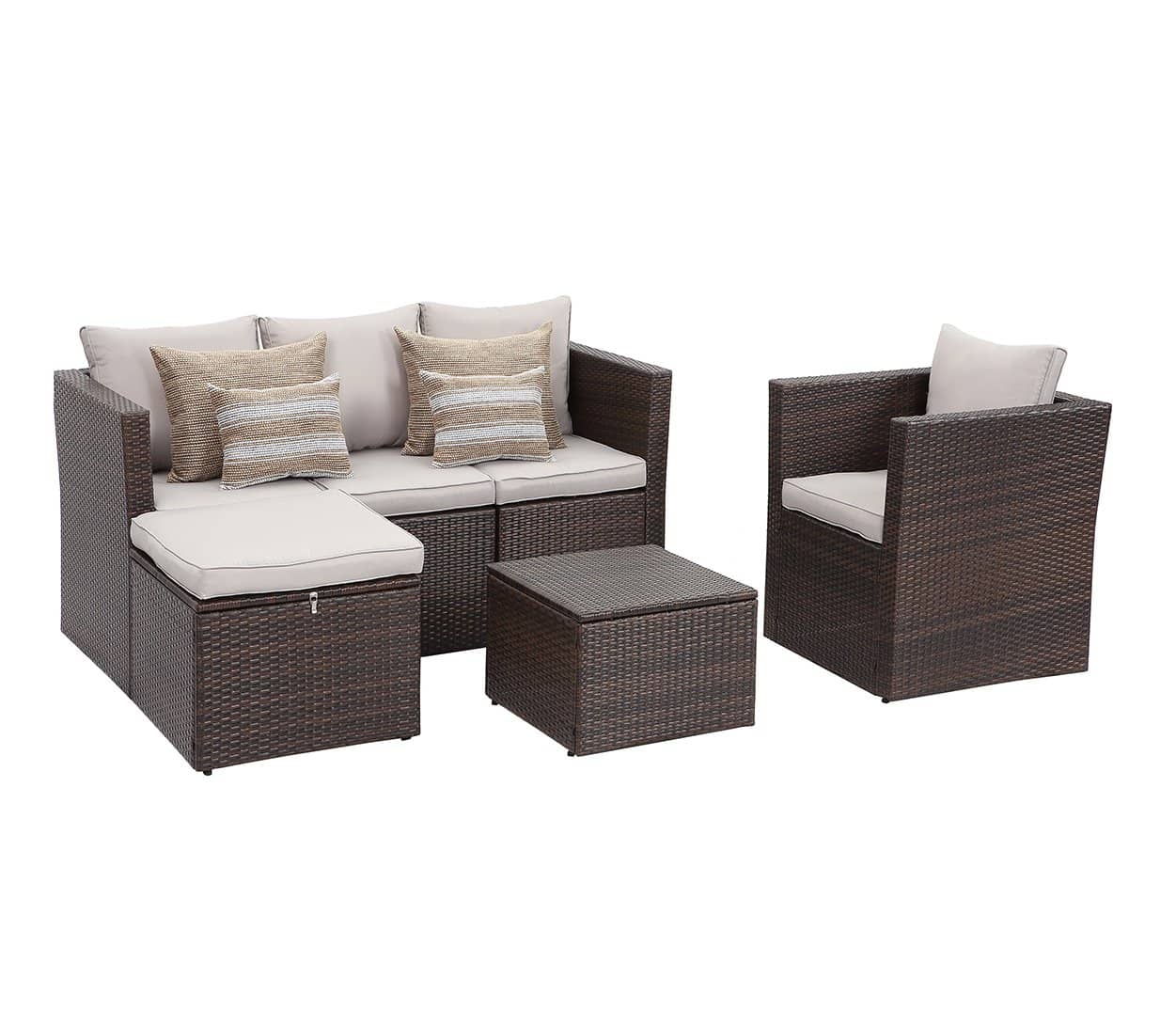 Context Brisk 6 Piece All Weather Wicker Sofa Seating Group with Cushions, Ottoman With Storage and Coffee Table