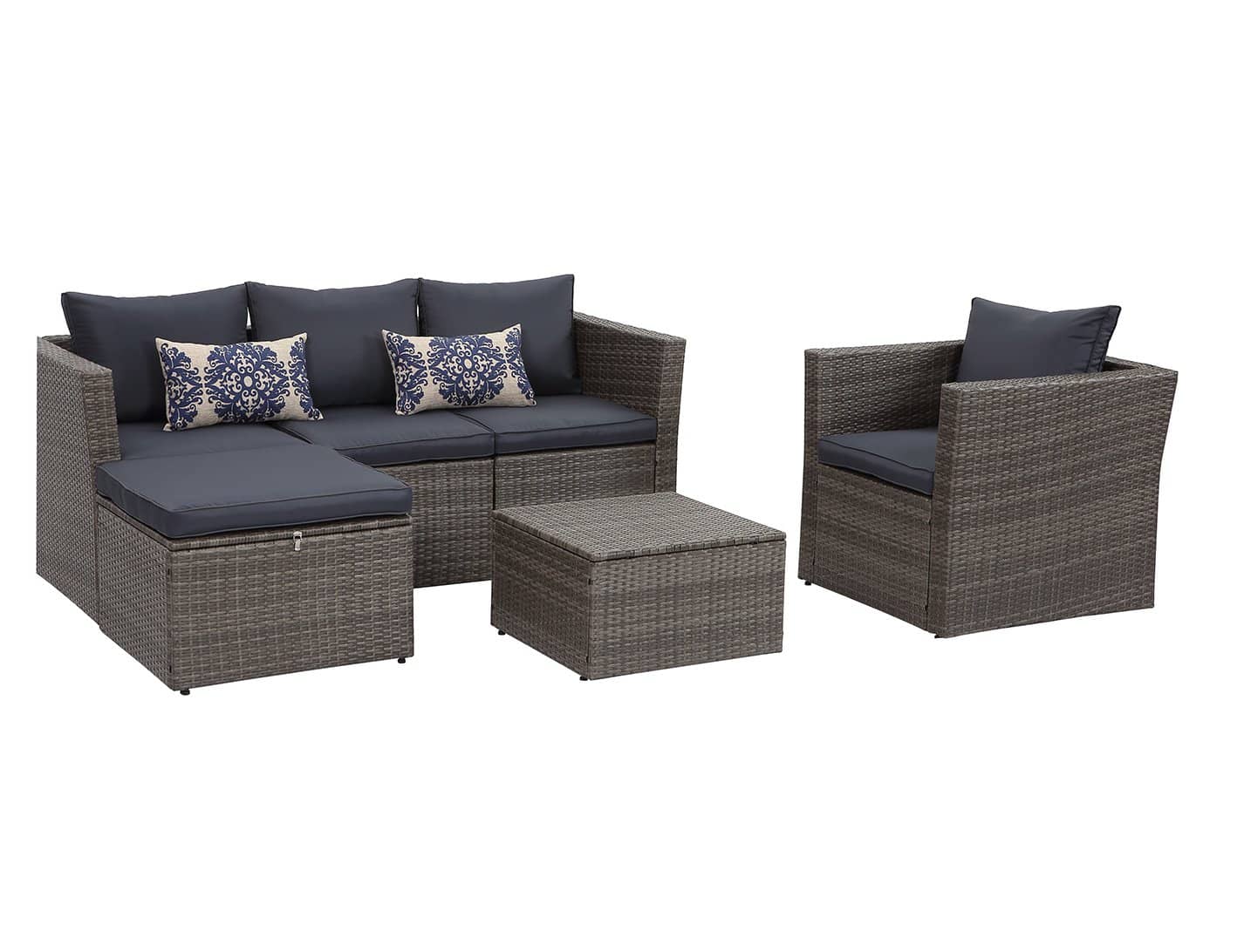 Context Brisk 6 Piece All Weather Wicker Sofa Seating Group with Cushions, Ottoman with Storage and Coffee Table - Navy