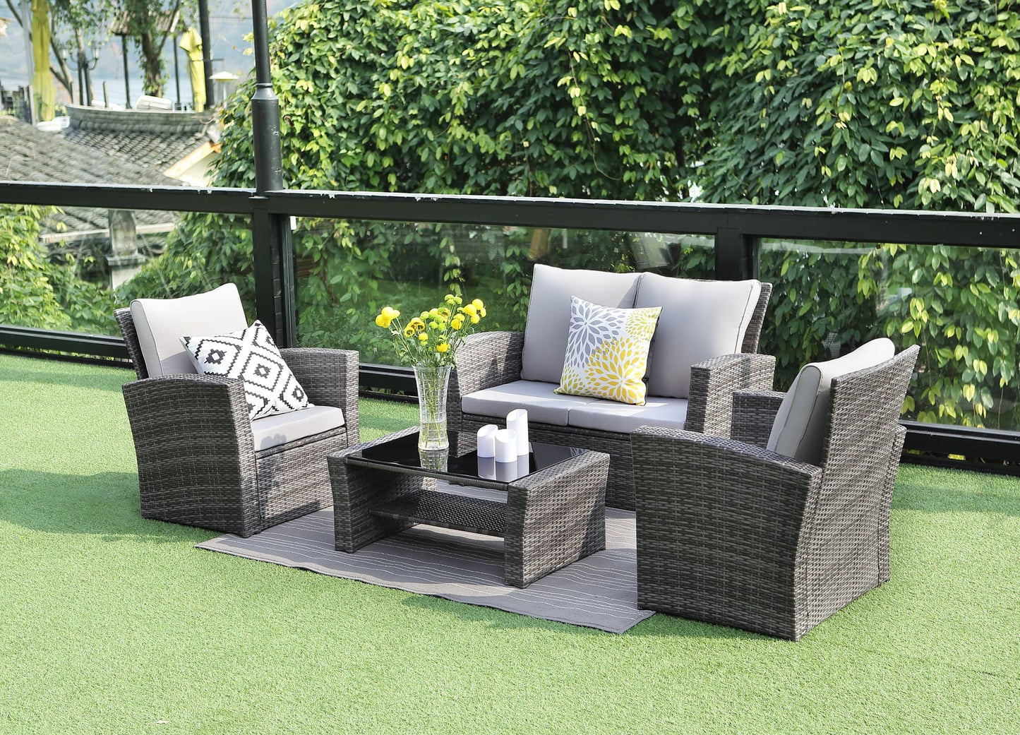 Context Vista 4 Piece All Weather Wicker Sofa Seating Group with Cushions and Coffee Table