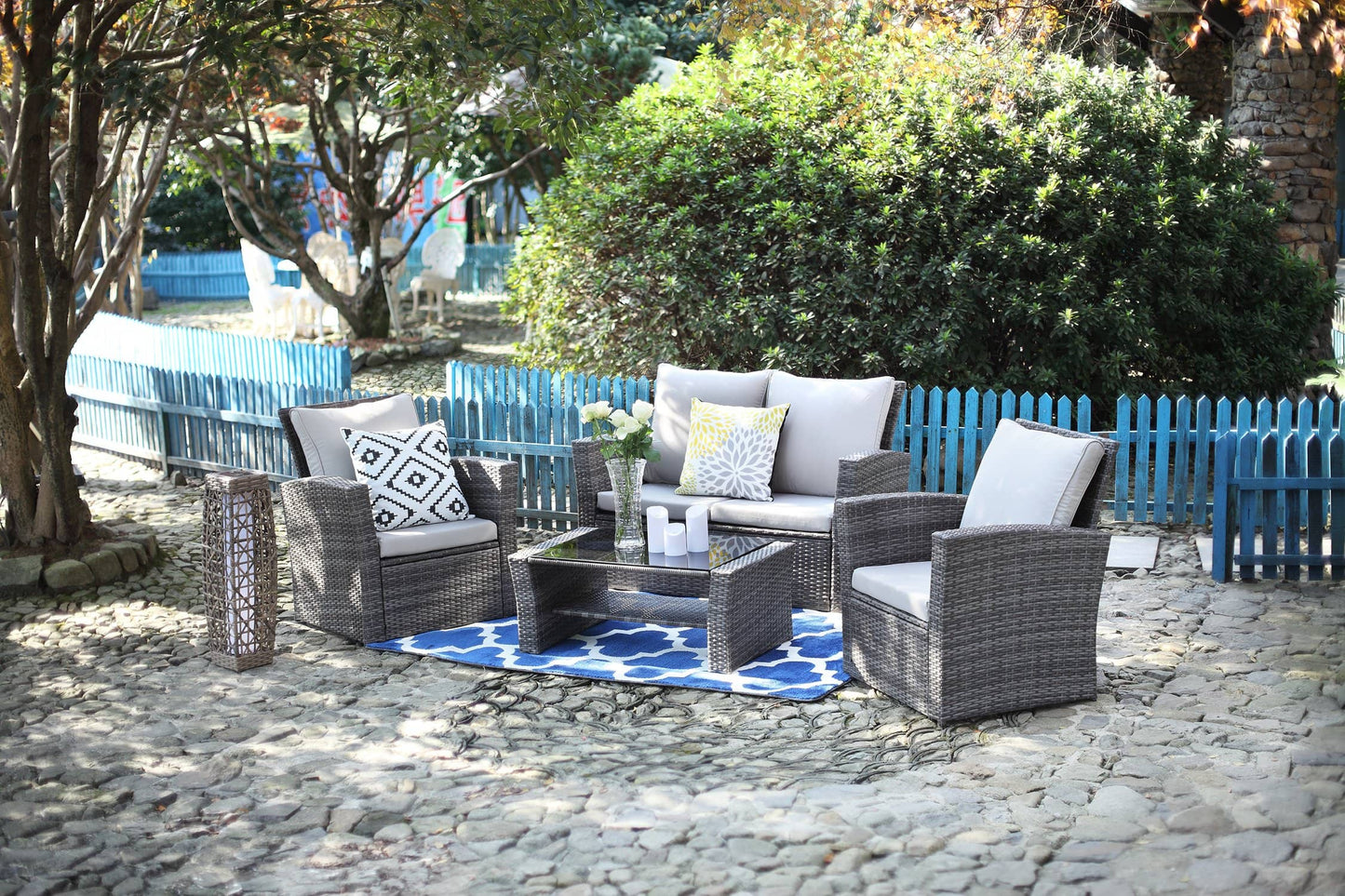 Context Vista 4 Piece All Weather Wicker Sofa Seating Group with Cushions and Coffee Table