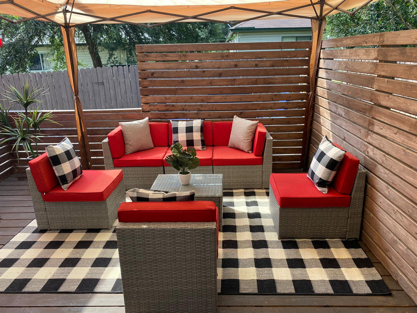 Context Brilliant 7 Piece All Weather Wicker Sofa Seating Group with Red Cushions and Coffee Table